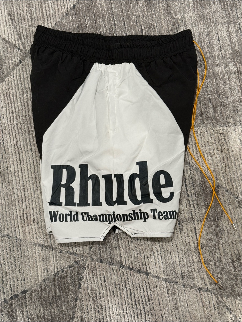 Rhude Black and White Athletic Shorts with Yellow Drawstring - Picture 6 of 7